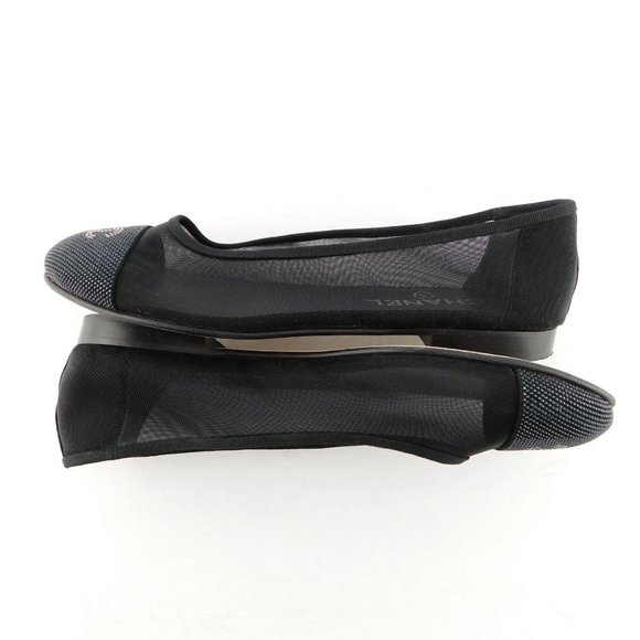 CHANEL Black Crystal CC Logo Cap Toe Mesh Suede Ballet Flats 37.5 - Picture 6 of 9